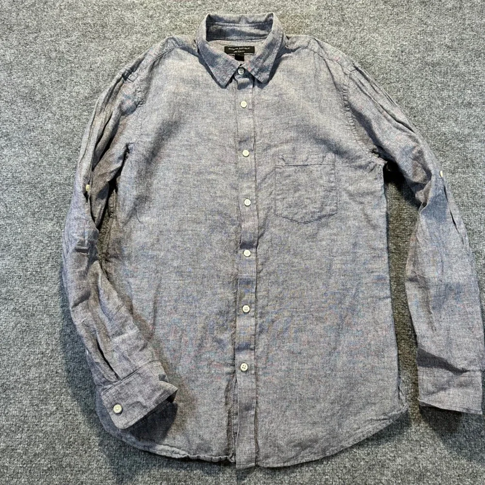Banana Republic Button Down Mens Large Blue Linen Slim Fit Casual Chambray
